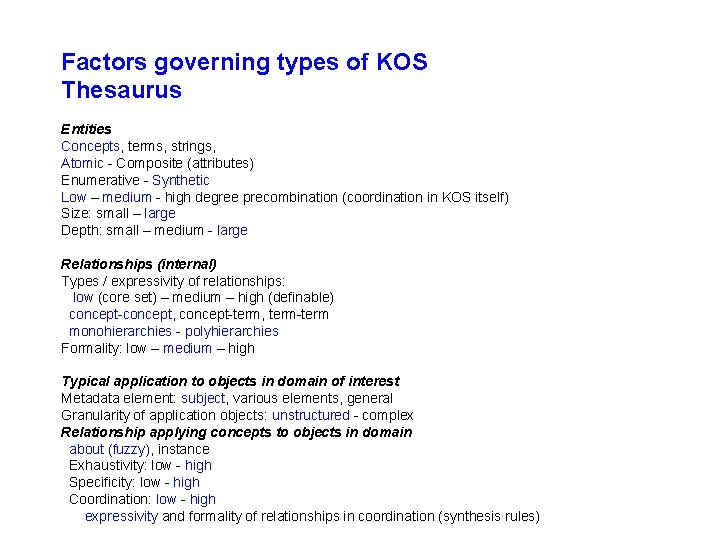 Factors governing types of KOS Thesaurus Entities Concepts, terms, strings, Atomic - Composite (attributes)