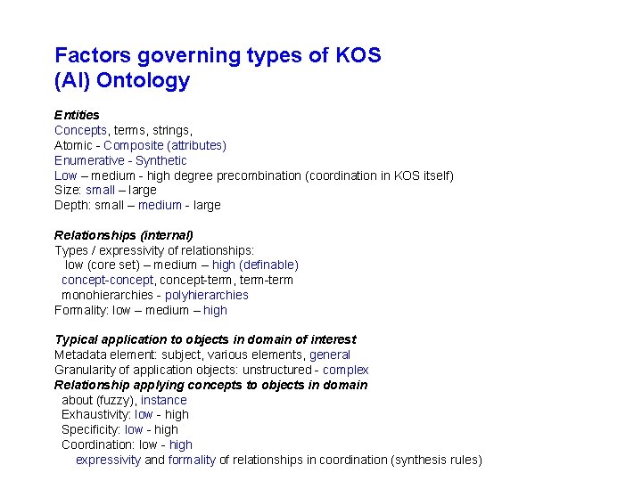 Factors governing types of KOS (AI) Ontology Entities Concepts, terms, strings, Atomic - Composite