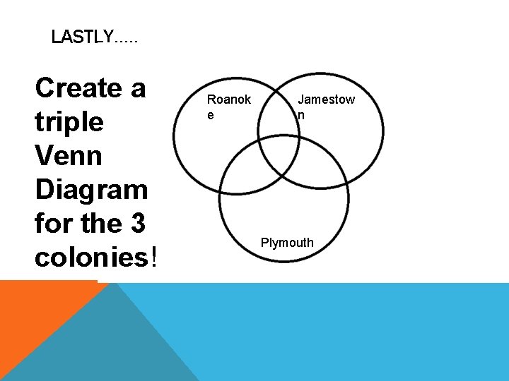 LASTLY…. . Create a triple Venn Diagram for the 3 colonies! Roanok e Jamestow
