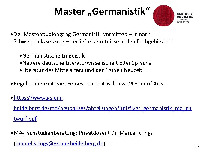 Master „Germanistik“ • Der Masterstudiengang Germanistik vermittelt – je nach Schwerpunktsetzung – vertiefte Kenntnisse