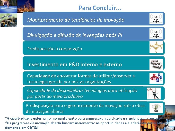 Para Concluir. . . Monitoramento de tendências de inovação Divulgação e difusão de invenções