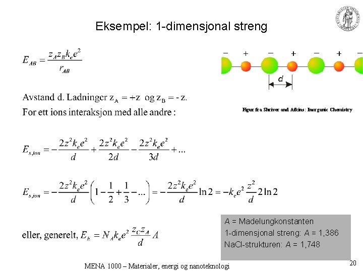 Eksempel: 1 -dimensjonal streng Figur fra Shriver and Atkins: Inorganic Chemistry A = Madelungkonstanten