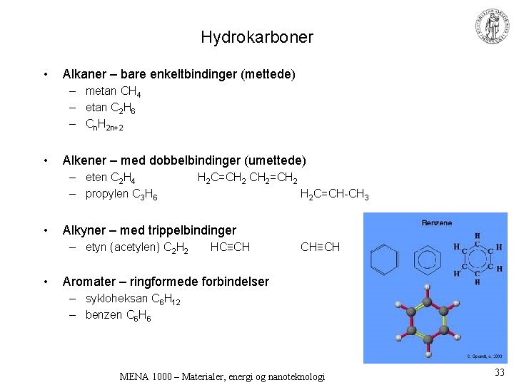 Hydrokarboner • Alkaner – bare enkeltbindinger (mettede) – metan CH 4 – etan C