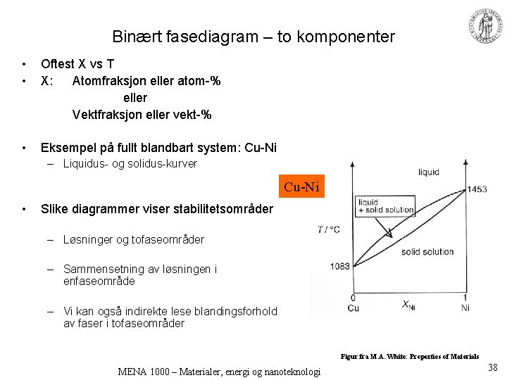 Binært fasediagram – to komponenter • • Oftest X vs T X: Atomfraksjon eller