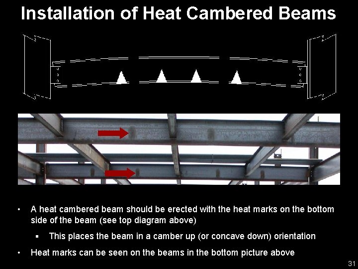 Installation of Heat Cambered Beams • A heat cambered beam should be erected with
