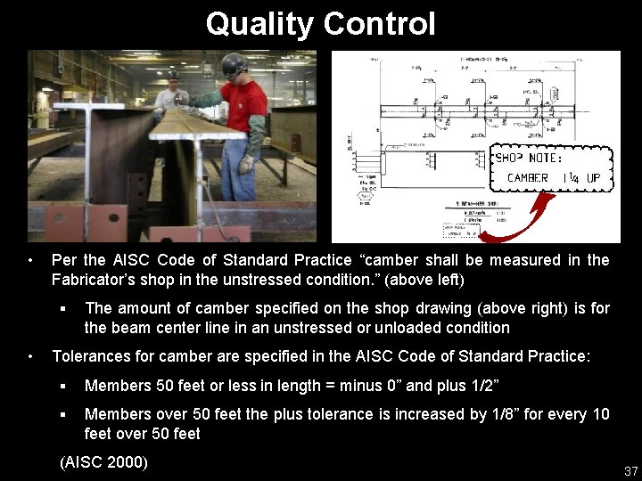 Quality Control • Per the AISC Code of Standard Practice “camber shall be measured