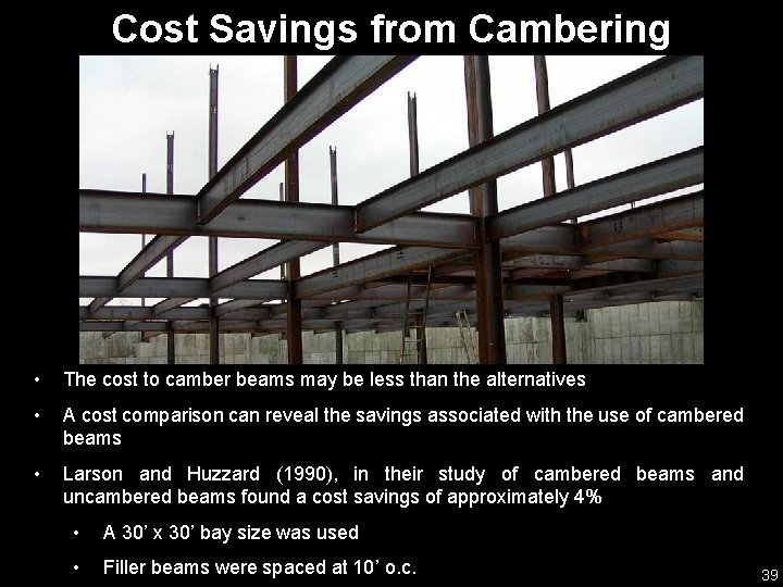 Cost Savings from Cambering • The cost to camber beams may be less than