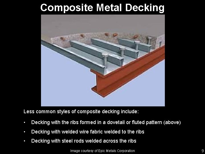 Composite Metal Decking Less common styles of composite decking include: • Decking with the