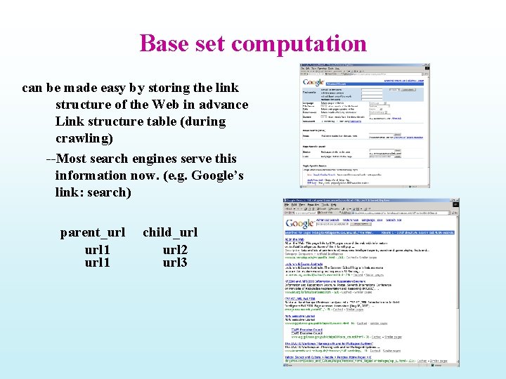 Base set computation can be made easy by storing the link structure of the