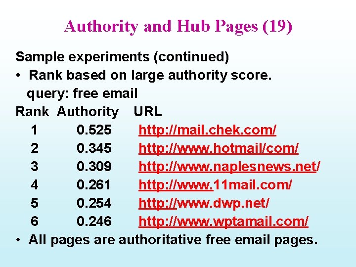 Authority and Hub Pages (19) Sample experiments (continued) • Rank based on large authority