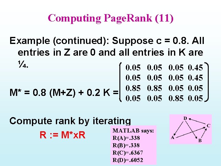 Computing Page. Rank (11) Example (continued): Suppose c = 0. 8. All entries in