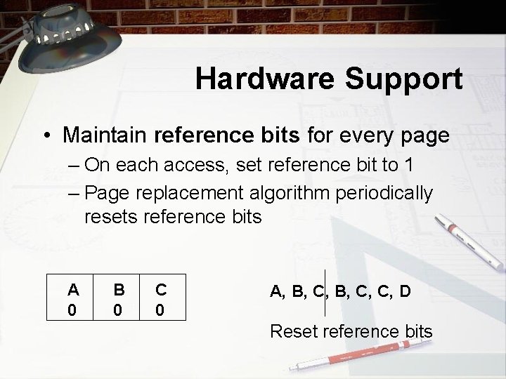 Hardware Support • Maintain reference bits for every page – On each access, set