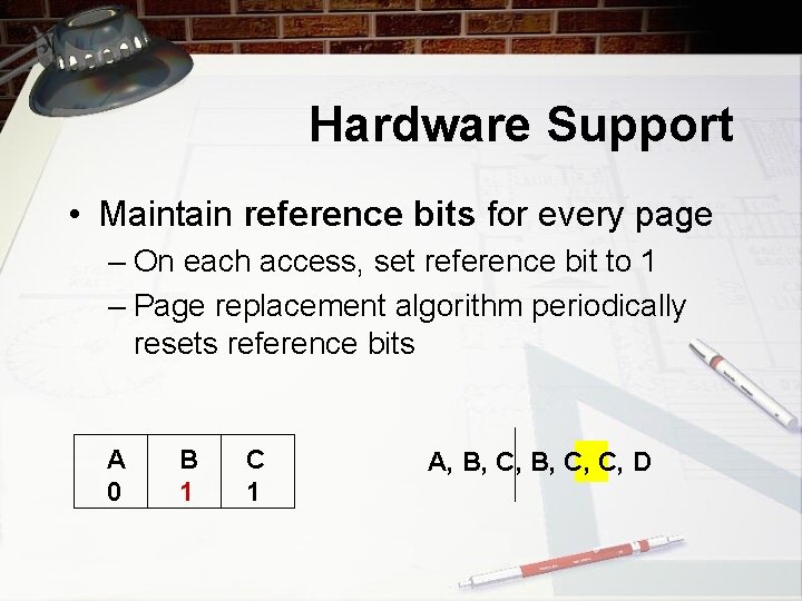 Hardware Support • Maintain reference bits for every page – On each access, set