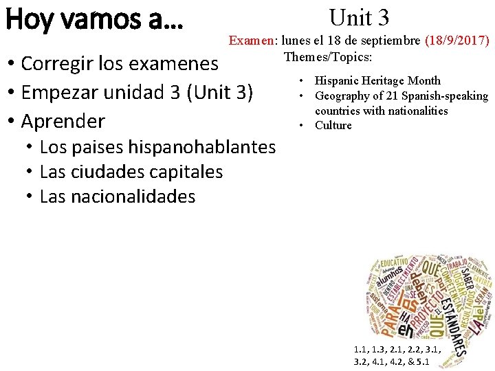 Hoy vamos a… Unit 3 Examen: lunes el 18 de septiembre (18/9/2017) Themes/Topics: • Hoy vamos a… Unit 3 Examen: lunes el 18 de septiembre (18/9/2017) Themes/Topics: •