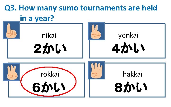 Q 3. How many sumo tournaments are held in a year? nikai yonkai ２かい