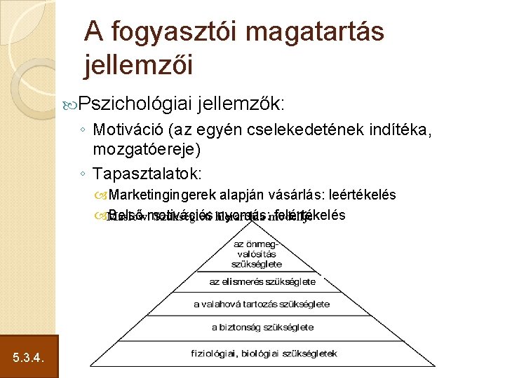 A fogyasztói magatartás jellemzői Pszichológiai jellemzők: ◦ Motiváció (az egyén cselekedetének indítéka, mozgatóereje) ◦
