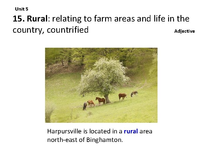Unit 5 15. Rural: relating to farm areas and life in the country, countrified