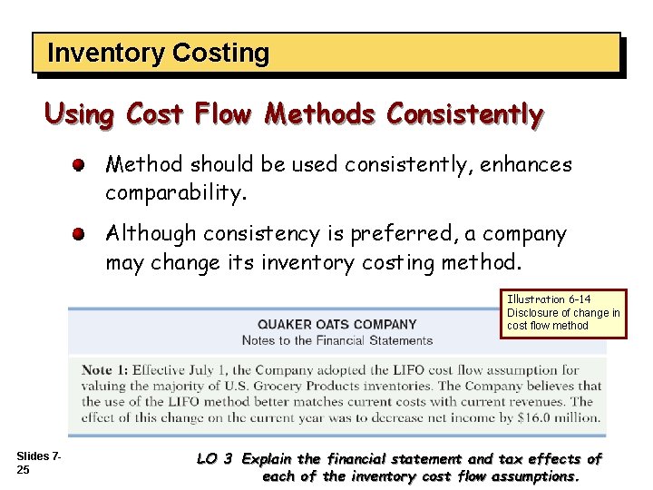 Inventory Costing Using Cost Flow Methods Consistently Method should be used consistently, enhances comparability.