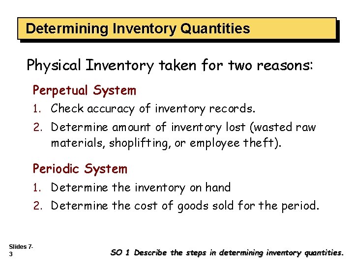 Determining Inventory Quantities Physical Inventory taken for two reasons: Perpetual System 1. Check accuracy