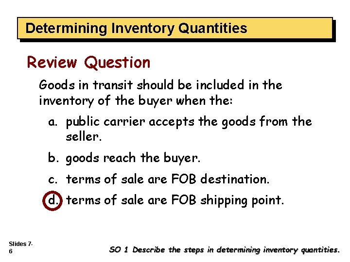 Determining Inventory Quantities Review Question Goods in transit should be included in the inventory