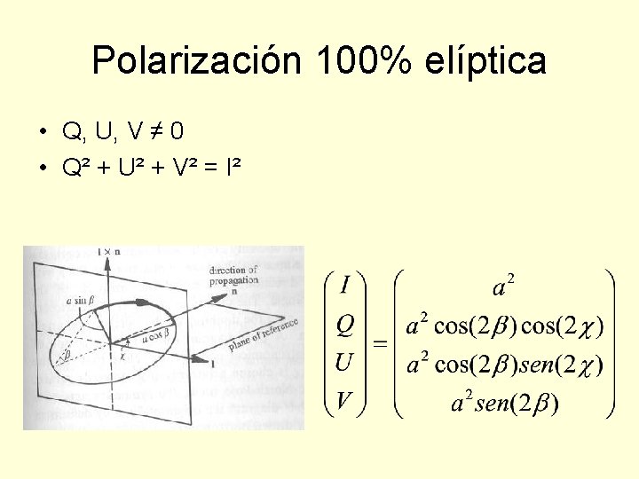 Polarización 100% elíptica • Q, U, V ≠ 0 • Q² + U² +