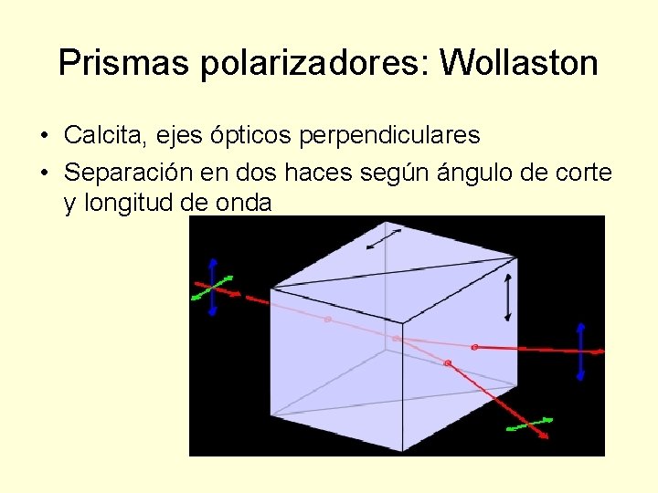 Prismas polarizadores: Wollaston • Calcita, ejes ópticos perpendiculares • Separación en dos haces según