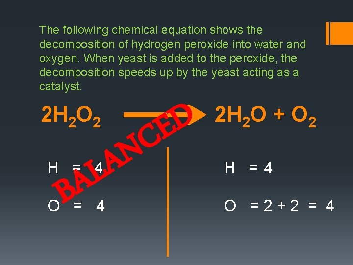 The following chemical equation shows the decomposition of hydrogen peroxide into water and oxygen.