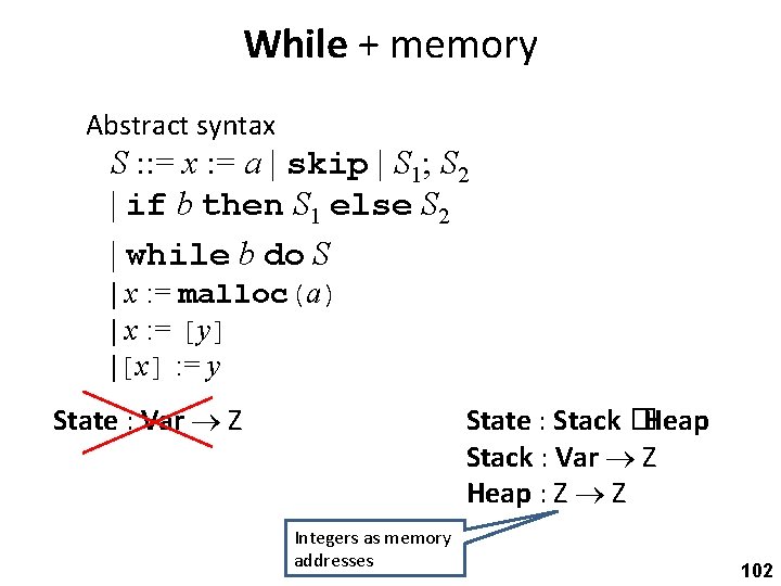 While + memory Abstract syntax S : : = x : = a |