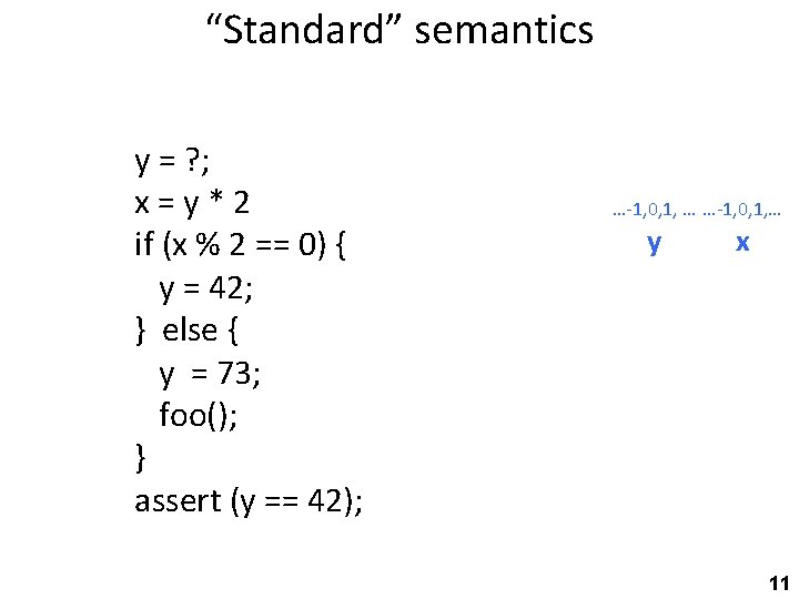 “Standard” semantics y = ? ; x=y*2 if (x % 2 == 0) {