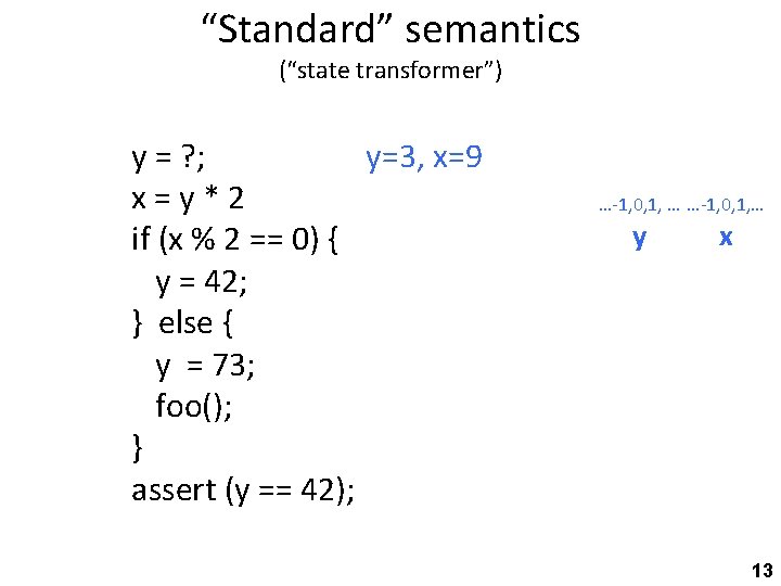 “Standard” semantics (“state transformer”) y = ? ; y=3, x=9 x=y*2 if (x %