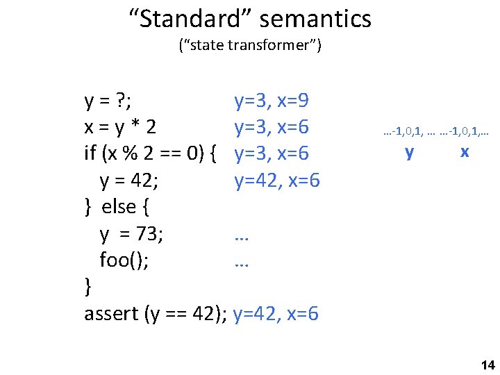 “Standard” semantics (“state transformer”) y = ? ; y=3, x=9 x=y*2 y=3, x=6 if