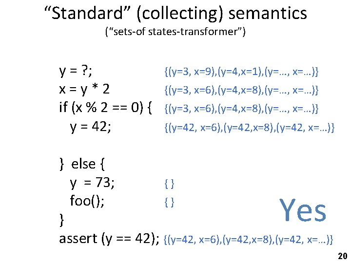 “Standard” (collecting) semantics (“sets-of states-transformer”) y = ? ; x=y*2 if (x % 2