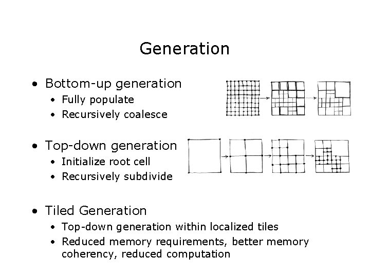 Generation • Bottom-up generation • Fully populate • Recursively coalesce • Top-down generation •
