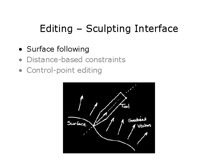 Editing – Sculpting Interface • Surface following • Distance-based constraints • Control-point editing 