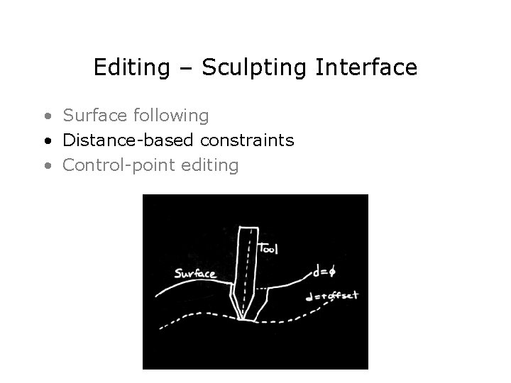 Editing – Sculpting Interface • Surface following • Distance-based constraints • Control-point editing 
