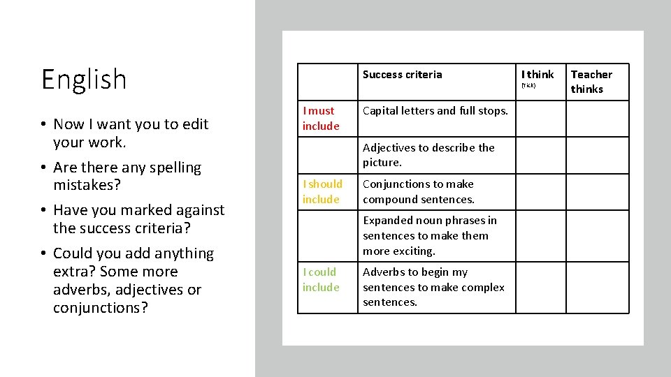 English • Now I want you to edit your work. • Are there any