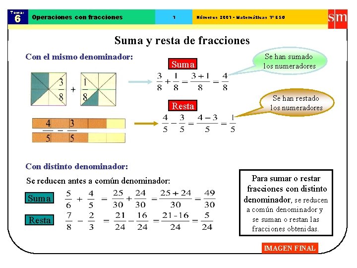 Tema: 6 Operaciones con fracciones 1 Números 2001 - Matemáticas 1º ESO Suma y