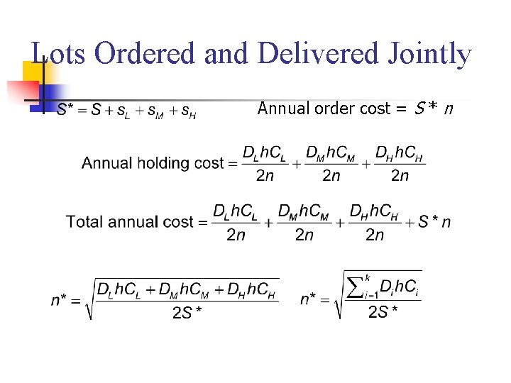 Lots Ordered and Delivered Jointly Annual order cost = S * n 