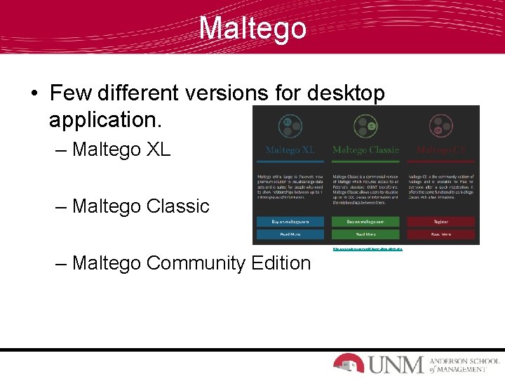 Maltego • Few different versions for desktop application. – Maltego XL – Maltego Classic