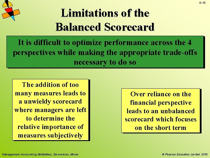 6 -16 Limitations of the Balanced Scorecard It is difficult to optimize performance across