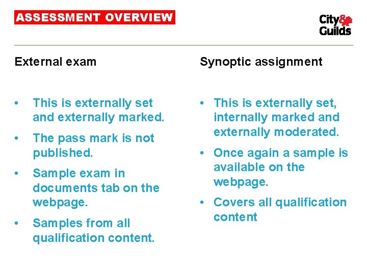 ASSESSMENT OVERVIEW External exam Synoptic assignment • This is externally set and externally marked.