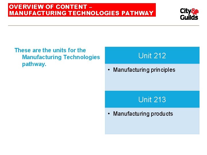 OVERVIEW OF CONTENT – MANUFACTURING TECHNOLOGIES PATHWAY These are the units for the Manufacturing