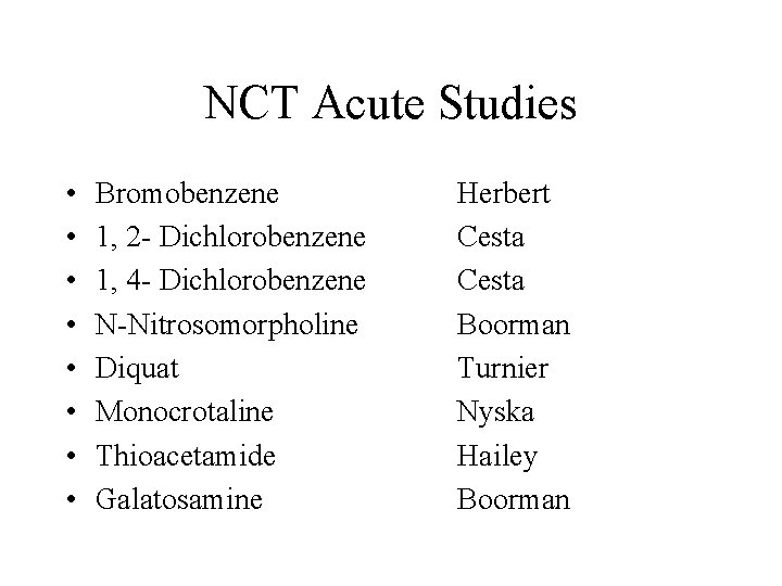 NCT Acute Studies • • Bromobenzene 1, 2 - Dichlorobenzene 1, 4 - Dichlorobenzene