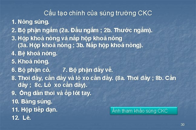 Cấu tạo chính của súng trường CKC 1. Nòng súng. 2. Bộ phận ngắm