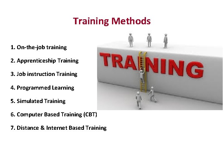 Training Methods 1. On-the-job training 2. Apprenticeship Training 3. Job instruction Training 4. Programmed