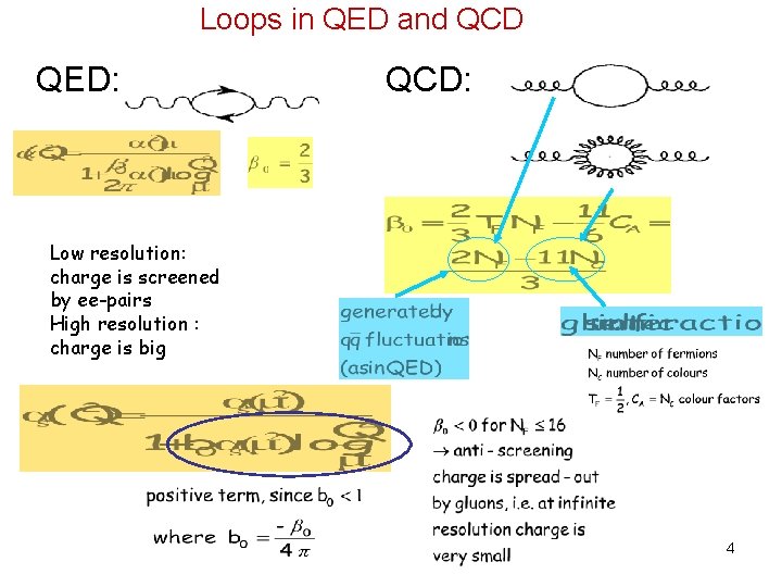 Loops in QED and QCD QED: QCD: Low resolution: charge is screened by ee-pairs Loops in QED and QCD QED: QCD: Low resolution: charge is screened by ee-pairs