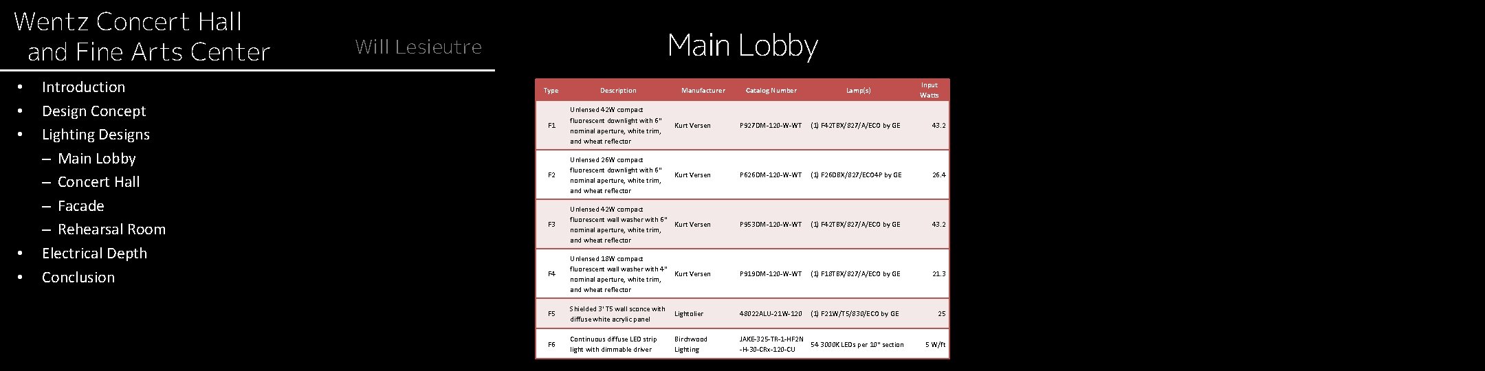 Wentz Concert Hall and Fine Arts Center • • • Introduction Design Concept Lighting