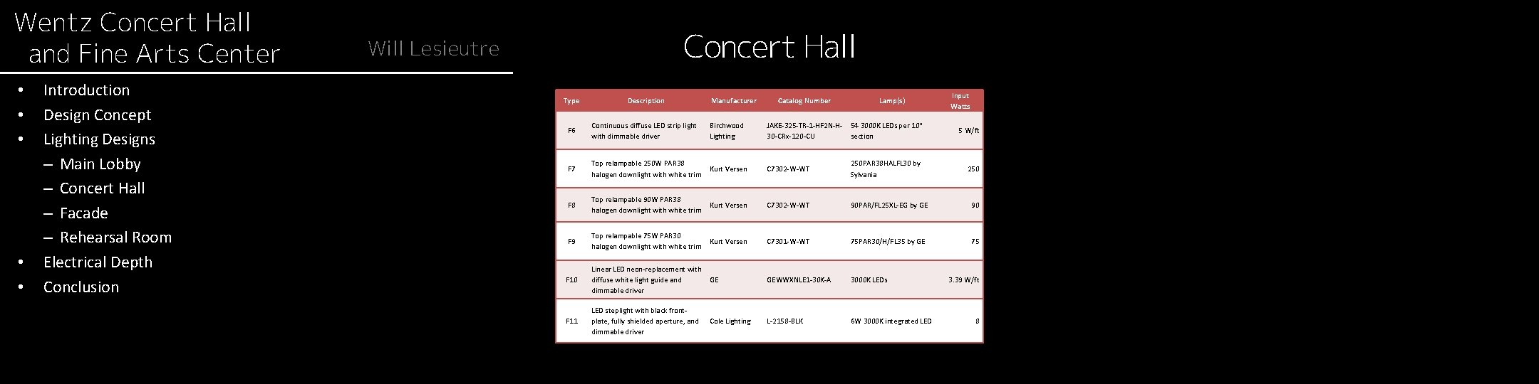 Wentz Concert Hall and Fine Arts Center • • • Introduction Design Concept Lighting