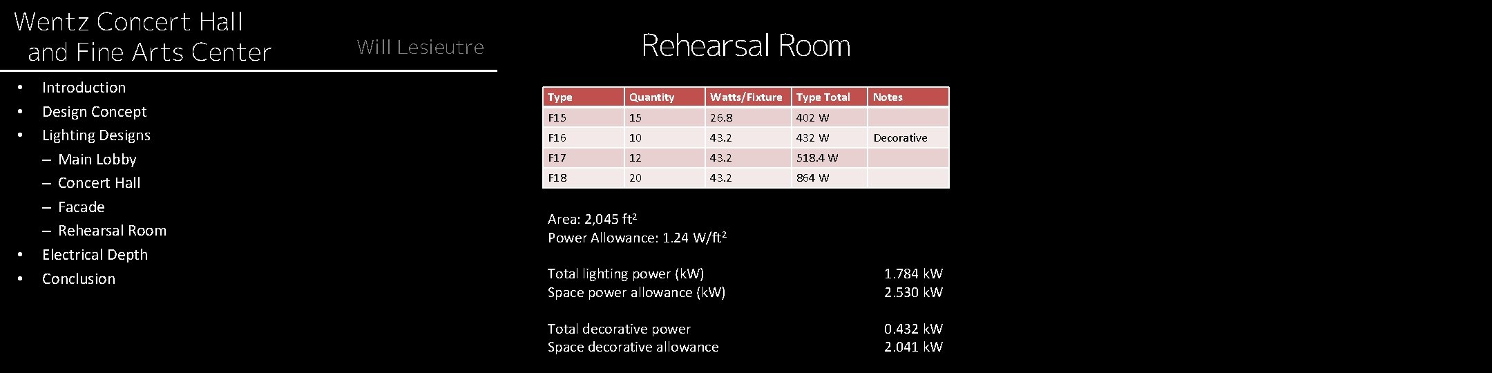 Wentz Concert Hall and Fine Arts Center • • • Introduction Design Concept Lighting