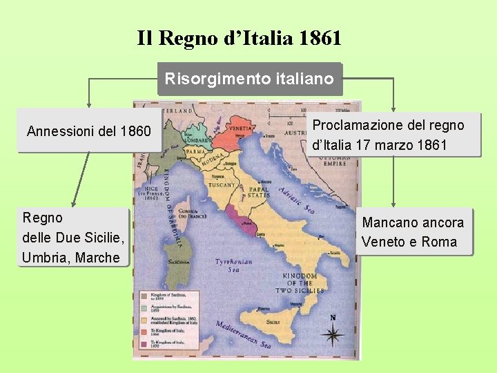 Il Regno d’Italia 1861 Risorgimento italiano Annessioni del 1860 Regno delle Due Sicilie, Umbria,